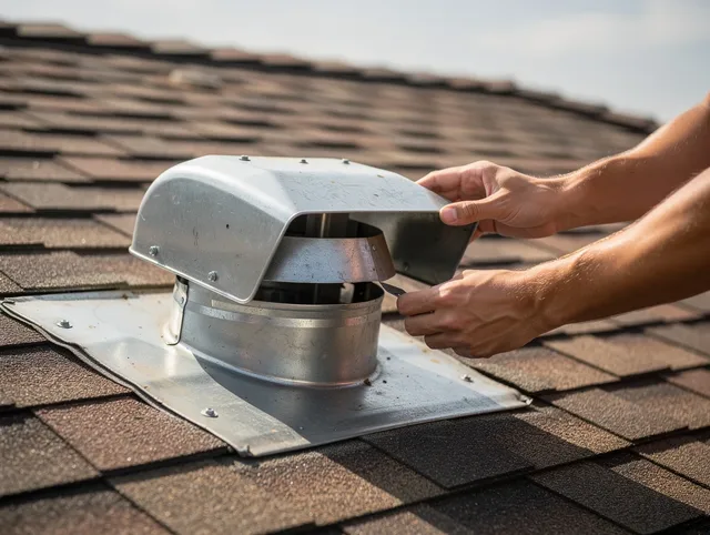 Mahoning Dryer Vent Cleaning certified technician safely cleaning a roof-mounted dryer vent in Mahoning